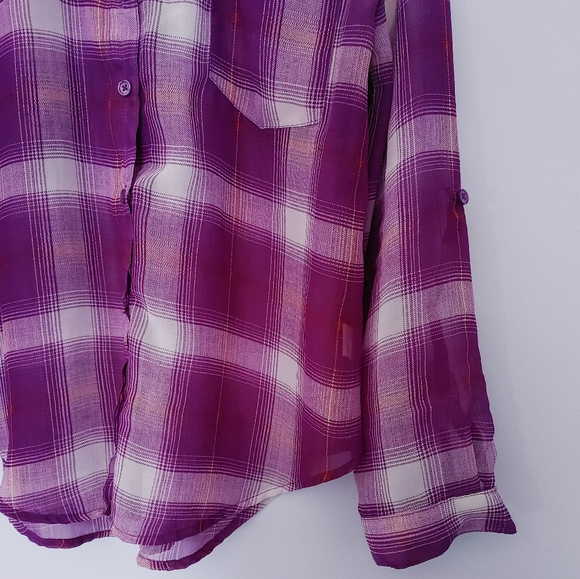 Kirra Sheer Plaid Button Down Roll Up Sleeves - Picture 7 of 14